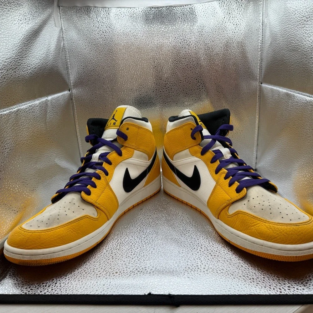 Size 14 Air Jordan 1 Mid SE Lakers Kobe Yellow Purple Mens Sneakers 852542-700